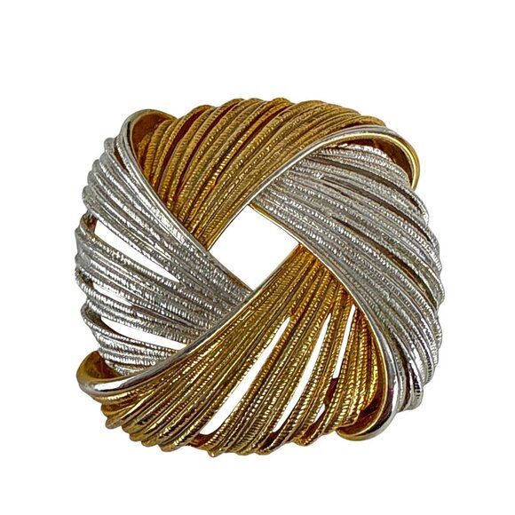Vintage Gold Silver Swirl Brooch 2" Textured Ribbon Round Pin Costume Jewelry - Picture 2 of 6